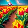 Astronaut In A Tulip Garden Diamond Painting