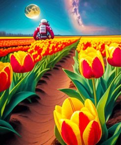 Astronaut In A Tulip Garden Diamond Painting