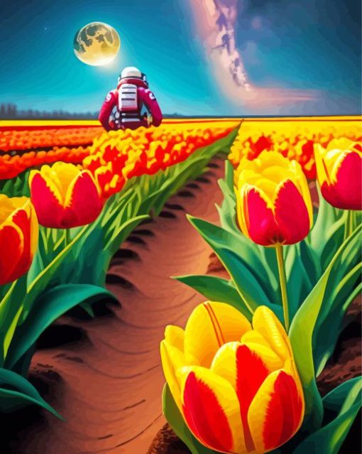 Astronaut In A Tulip Garden Diamond Painting