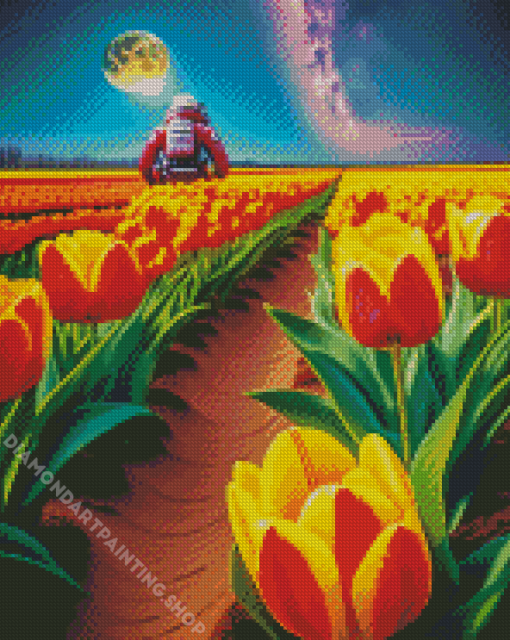 Astronaut In A Tulip Garden Diamond Painting