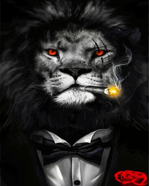 Black And White Lion Smoking Cigar Diamond Painting