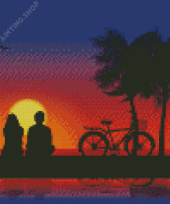 Couple Sitting Beside Sea At Sunset Diamond Painting