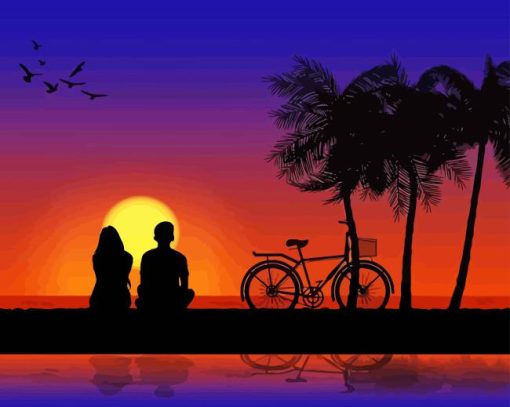 Couple Sitting Beside Sea At Sunset Diamond Painting