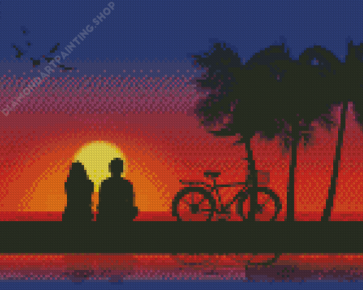 Couple Sitting Beside Sea At Sunset Diamond Painting