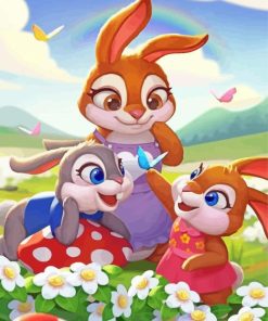 Happy Rabbits Cartoon With Flowers In A Field For Diamond Painitng