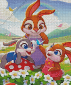 Happy Rabbits Cartoon With Flowers In A Field For Diamond Painitng