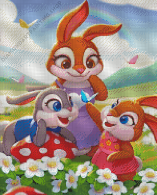 Happy Rabbits Cartoon With Flowers In A Field For Diamond Painitng