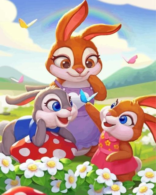 Happy Rabbits Cartoon With Flowers In A Field For Diamond Painitng