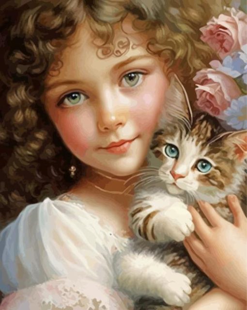 Beautiful Little Girl And Kitten For Diamond Painitng