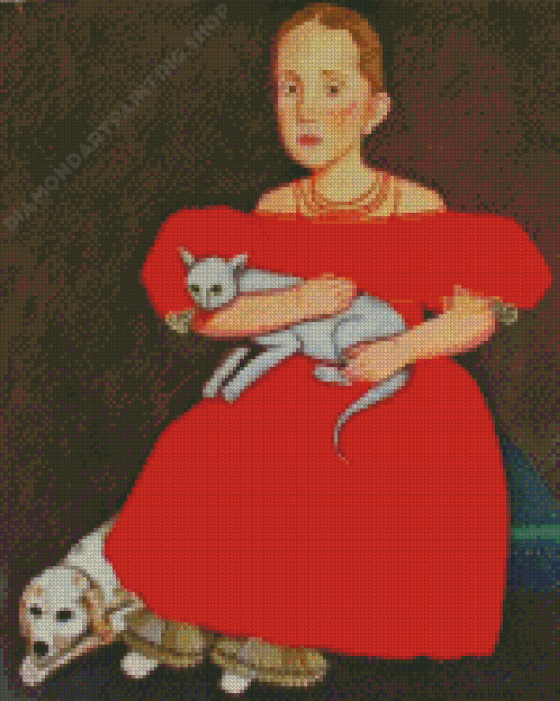 Little Girl In Red Holding Cat Diamond Painting