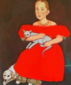 Little Girl In Red Holding Cat Diamond Painting