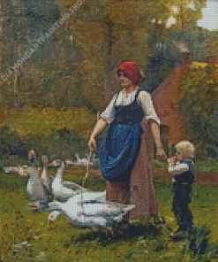 Woman And Child With Geese Diamond Painting