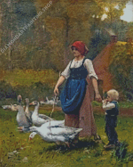 Woman And Child With Geese Diamond Painting