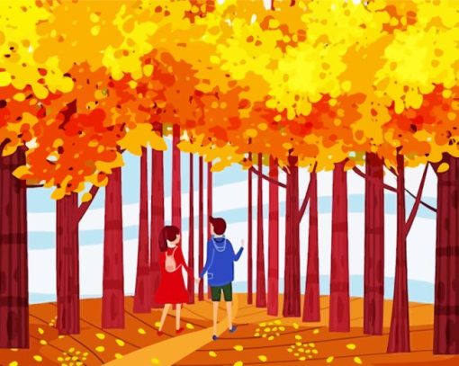 Illustration Couple In Autumn Trees Diamond Painting