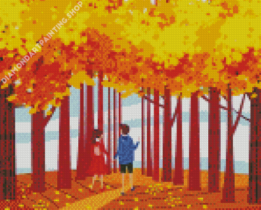 Illustration Couple In Autumn Trees Diamond Painting