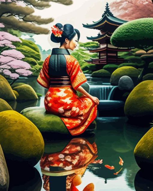 Asian Girl With Koi Fish Diamond Painting