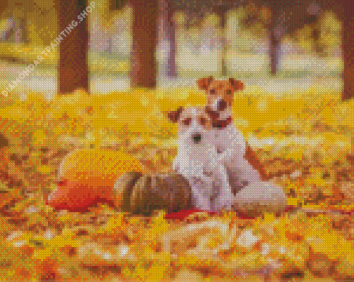 Dogs In Leaves Diamond Paintings