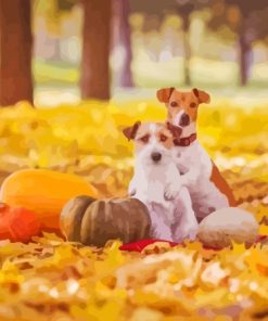 Dogs In Leaves Diamond Paintings