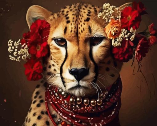 Cheetah With Flowers Diamond Paintings