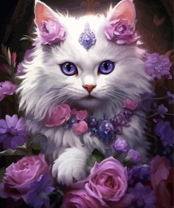 Cat With Purple Flowers Diamond Paintings