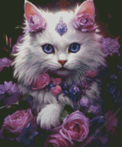 Cat With Purple Flowers Diamond Paintings