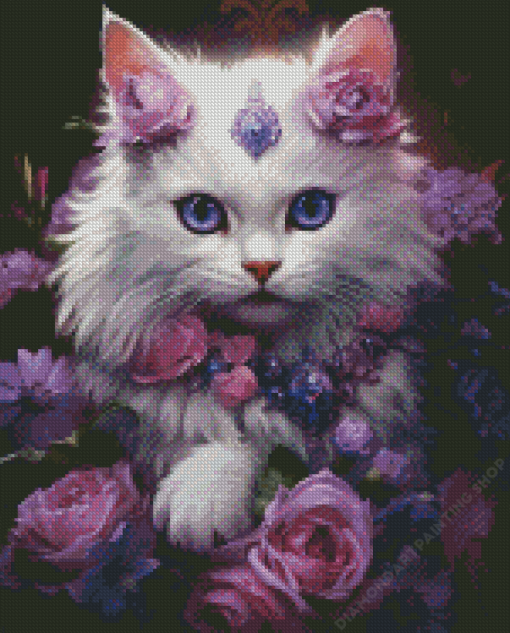 Cat With Purple Flowers Diamond Paintings