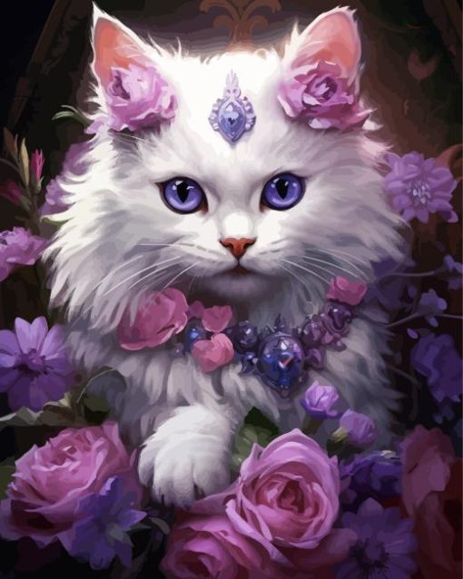 Cat With Purple Flowers Diamond Paintings